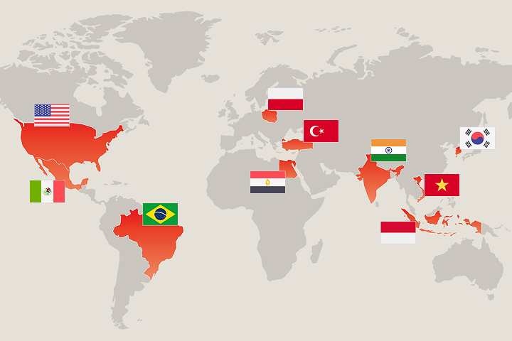 World map with highlighted countries showing LG’s global factory locations including USA, Mexico, Brazil, Poland, Turkey, India, Vietnam, Indonesia, South Korea, and Egypt.