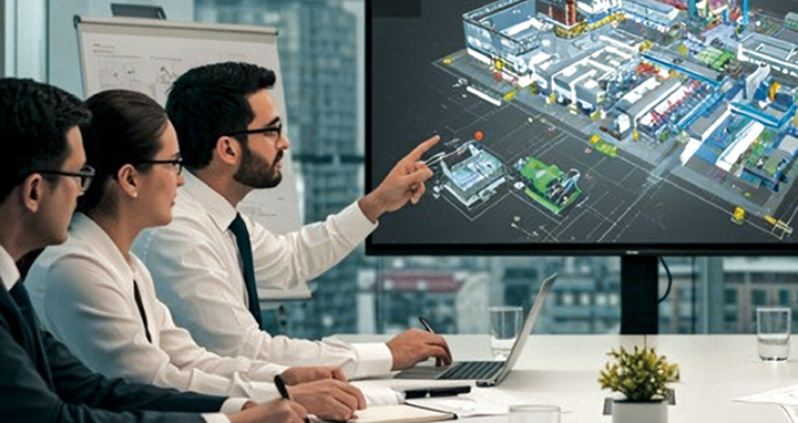 Business professionals reviewing smart factory digital twin and automation strategy on large display screen.