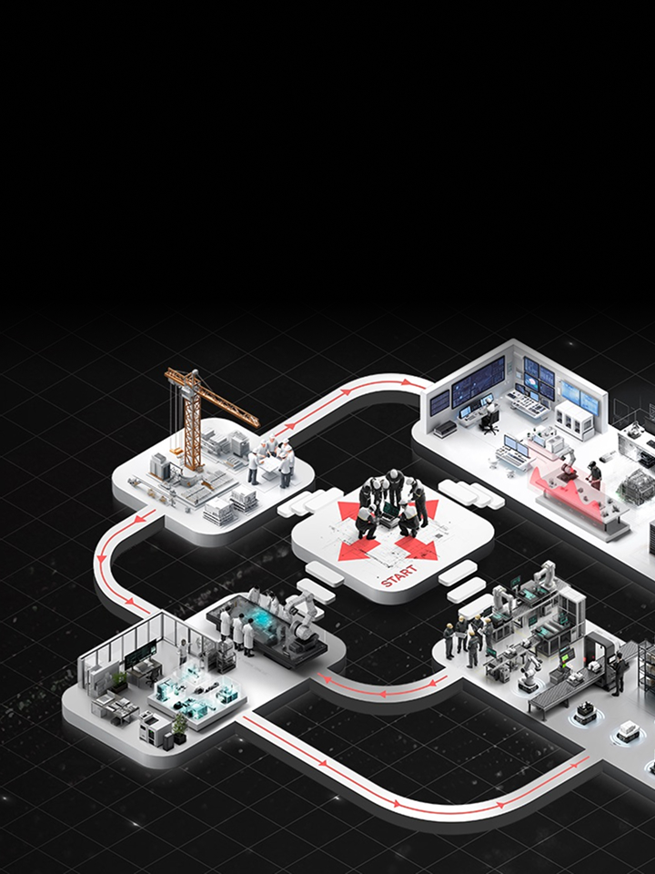 Smart factory digital process flow diagram showcasing automation, robotics, and data-driven manufacturing stages.