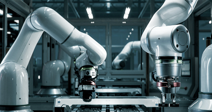 Robotic arms operating in advanced production line, illustrating LG intelligent automation solutions for manufacturing efficiency