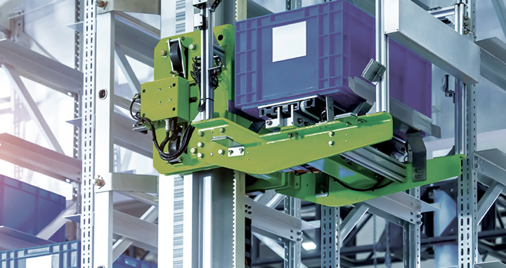 High-tech automated storage and retrieval system in factory warehouse, featuring LG smart logistics automation