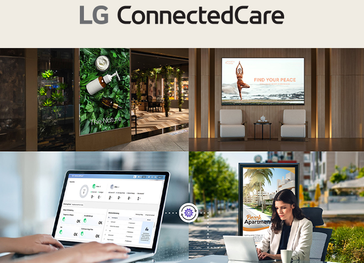 This is an example image featuring an administrator monitoring and managing indoor and outdoor digital signage using the LG ConnectedCare solution.
