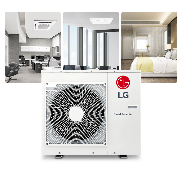 Showcasing an LG Smart Inverter outdoor unit at the center, featured with various indoor unit installation cases from behind.