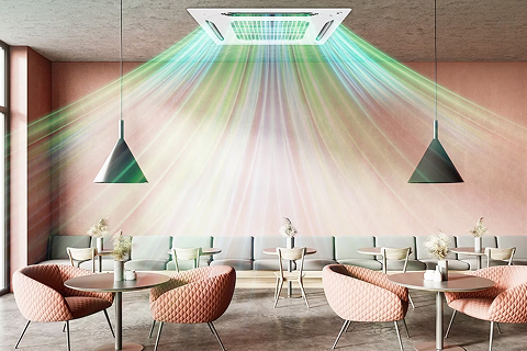 Indoor view of a café with a circular ceiling air conditioner