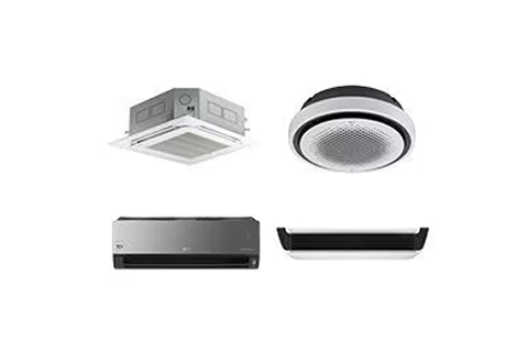 Set of four indoor air-conditioning units in different shapes, including a ceiling cassette, circular diffuser, wall-mounted unit, and slim rectangular vent, displayed on a plain background.