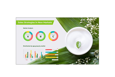 Large all-in-one LED display showing colorful charts and graphs beside a decorative scene with green leaves and a white bowl, set against a light background.