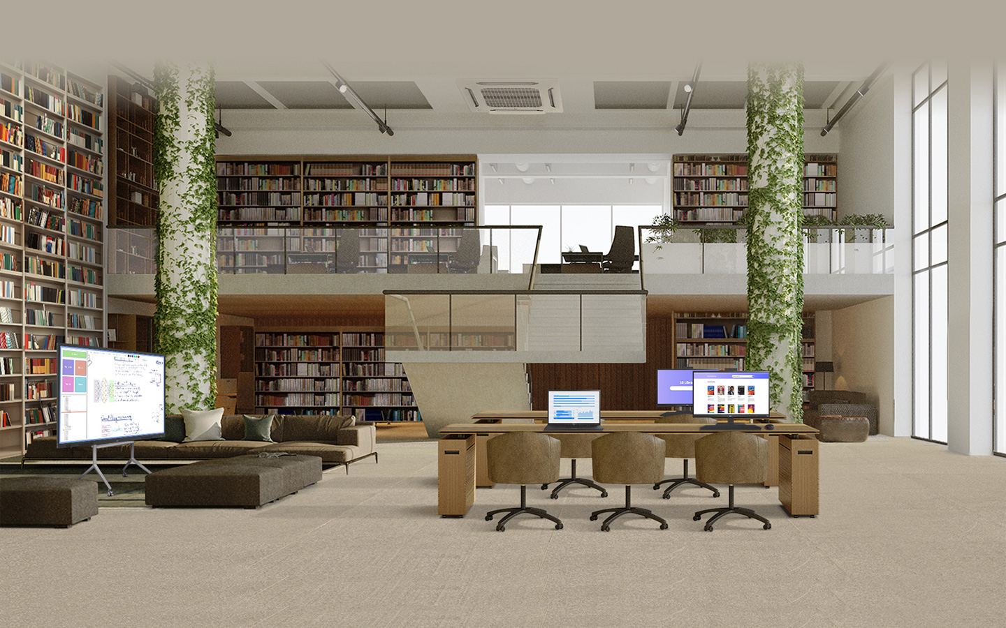 Modern library interior featuring bookshelves, desks with monitors, a lounge area, and greenery-covered pillars.