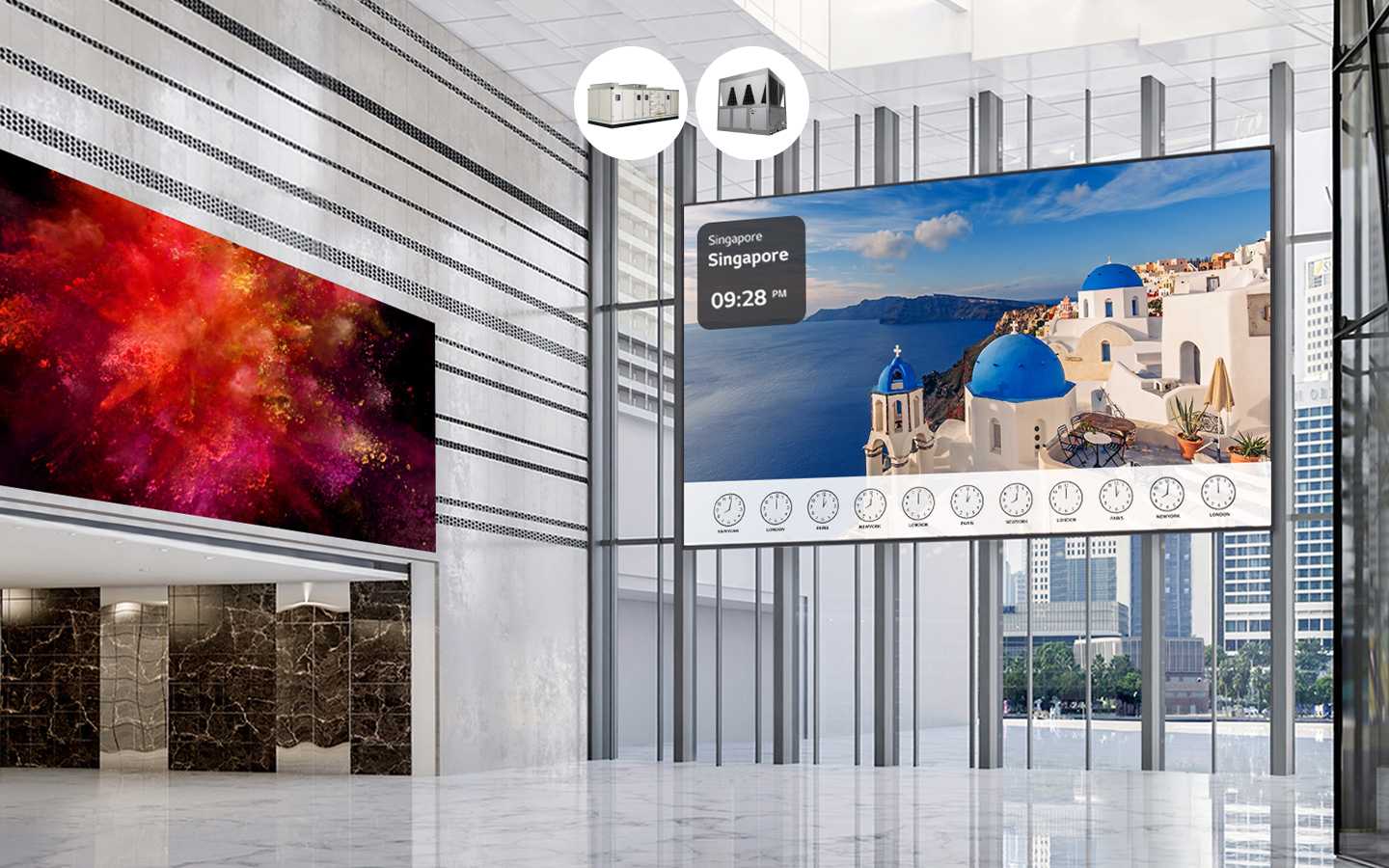 LG government lobby solution visual showing bright indoor space with large LED displays and HVAC systems, highlighting LG integrated technology for trust and comfort in public buildings.