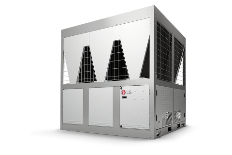 Outdoor chiller unit with angled ventilation panels and a box-shaped frame, displayed on a neutral background.