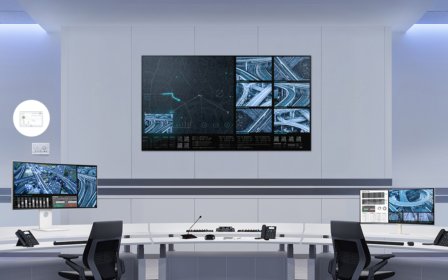LG surveillance control room featuring large multi-screen video wall and operator workstations, showcasing LG integrated monitoring solutions for government and security environments.