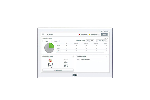Touchscreen-style control interface displaying HVAC status, energy data, and system alerts on a white panel against a light background.