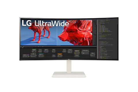 Wide curved monitor on a white stand displaying split-screen content with graphics and code against a light background.