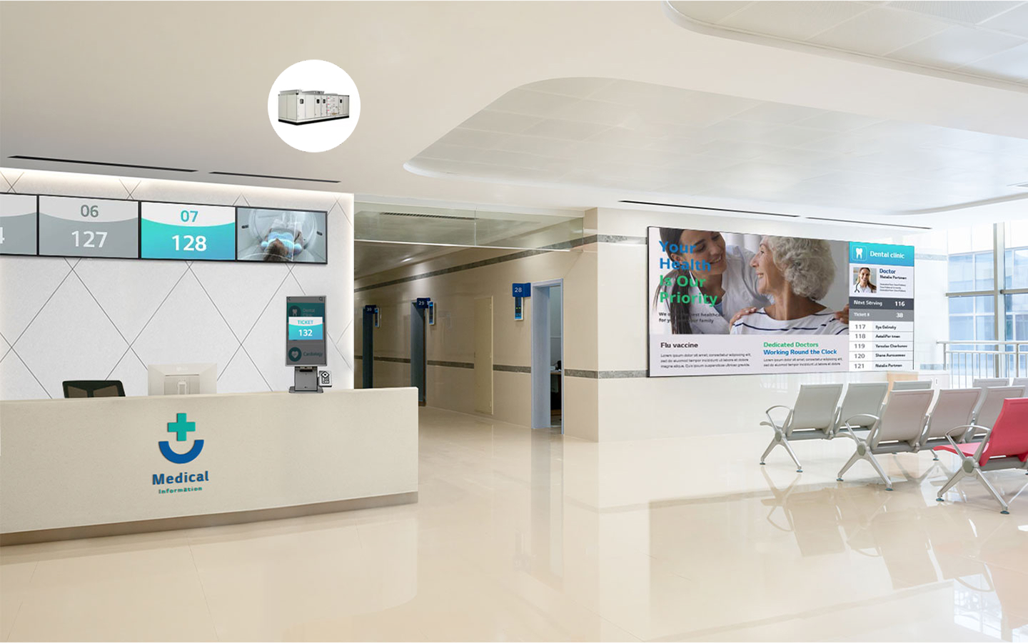 A hospital reception area with digital displays showing medical information and queue numbers, and chairs arranged in the waiting area.