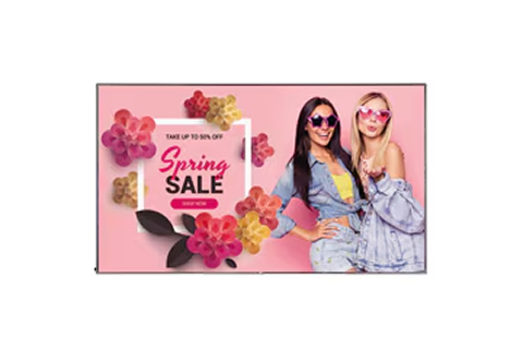 A digital display showing a pink spring sale advertisement with floral graphics and two women wearing sunglasses.