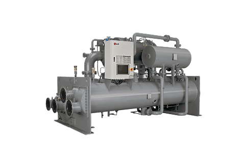 Large industrial chiller with cylindrical tanks, multiple pipes, and a control unit mounted on top, shown against a plain light background.