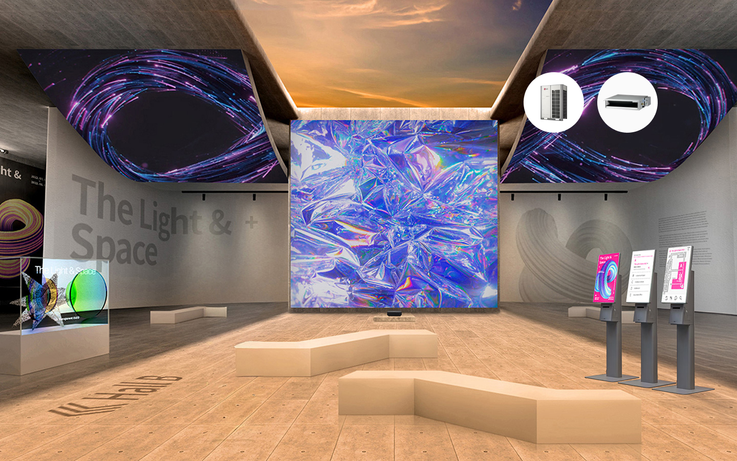 LG museum solution visual showing immersive exhibit space with OLED displays and HVAC systems, highlighting LG’s climate control and digital signage for modern galleries.