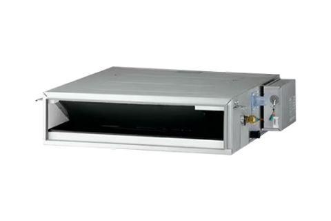 Slim rectangular air-conditioning unit with a wide black air outlet and metallic casing, shown against a plain light background.