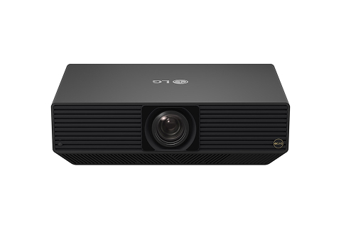 Compact black projector with a centered lens and horizontal venting across the front panel, displayed against a light background.
