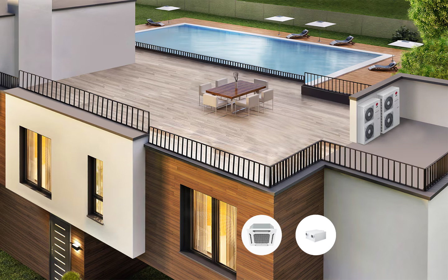 A modern house with a rooftop terrace featuring a swimming pool, dining table, and outdoor HVAC units.