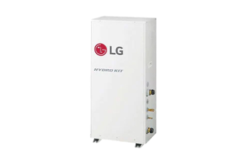 A white outdoor air conditioning unit with two large fans and the LG logo on the front.