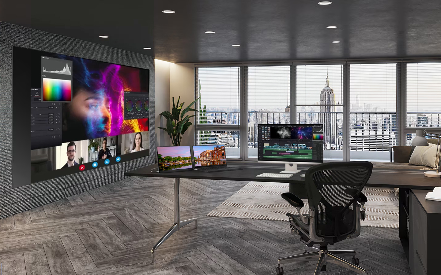 A modern office with large windows, multiple monitors on desks, and a big wall display showing visuals and video calls.