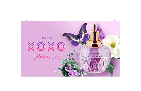 A Valentine’s Day perfume advertisement with a pink background, purple butterfly, flowers, and a crystal perfume bottle labeled “PERFUME.”