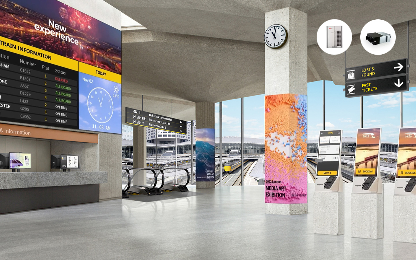 A modern train station interior with digital information boards, ticket kiosks, escalators, and large windows overlooking the platforms.