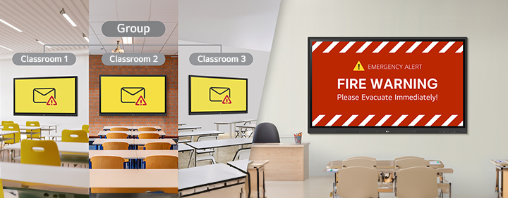 One major advantage of LG ConnectedCare (DMS License) is the ability for administrators to send real-time emergency warning messages to multiple LG CreateBoards or digital signage screens in schools. This image demonstrates that capability.