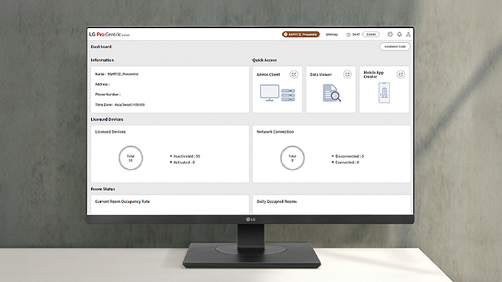 The LG Pro:Centric Cloud dashboard is displayed on the PC screen.
