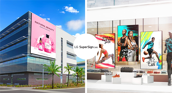 Displaying various types of signage, including large outdoor LEDs, window-facing displays, touch-enabled signage, and high-brightness signage. While different types of signage might require different solutions for management, using LG SuperSign CMS enables the simultaneous management of various types of LG signage products through a single solution.