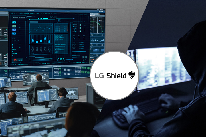 On the left, the image shows people working in a control room, while the right side depicts a hacker attempting a breach. The LG Shield logo between the two images signifies protection against breaches.