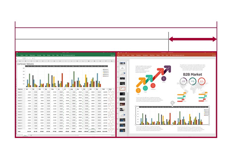 Image of displaying datasheets and slides side by side on the screen of 21:9 UltraWide screen, while 16:9 screen does not allow it due to insufficient space.