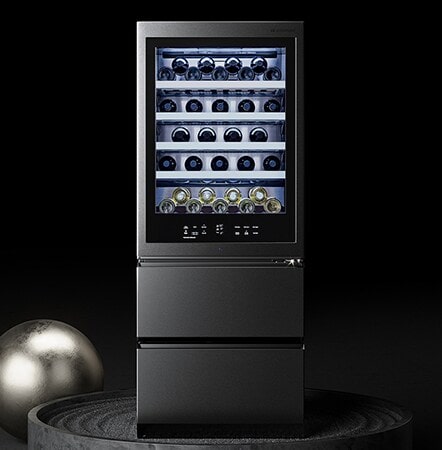 LG SIGNATURE Wine Cellar is standing in the marble circle with silver ball.