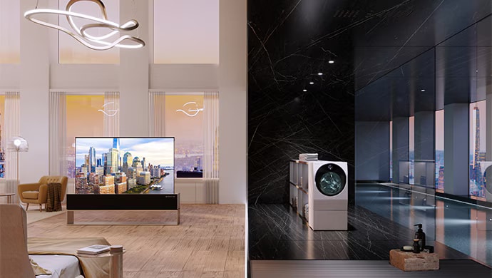 LG SIGNATURE OLED in front of large windows with a view of the city. LG SIGNATURE TWINWash in a dark-themed room in front of large windows with a view of the city.