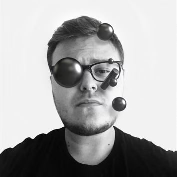 A black and white headshot of Peter Tarka with various spheres around his head.