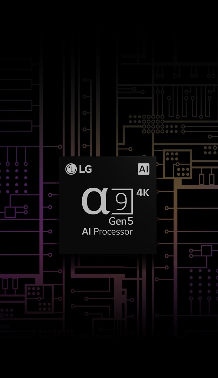 Una imagen del procesador 4K a9 Gen 5 AI tiene un fondo blanco y negro que se transforma en color