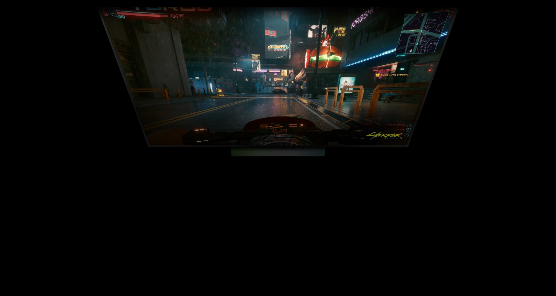 Un televisor LG OLED muestra la escena de un juego cyberpunk, y debajo aparece el símbolo de Wi-Fi en fluorescente