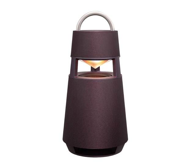 A burgundy LG XBOOM 360 omnidirectional Bluetooth speaker is centered against a white background
