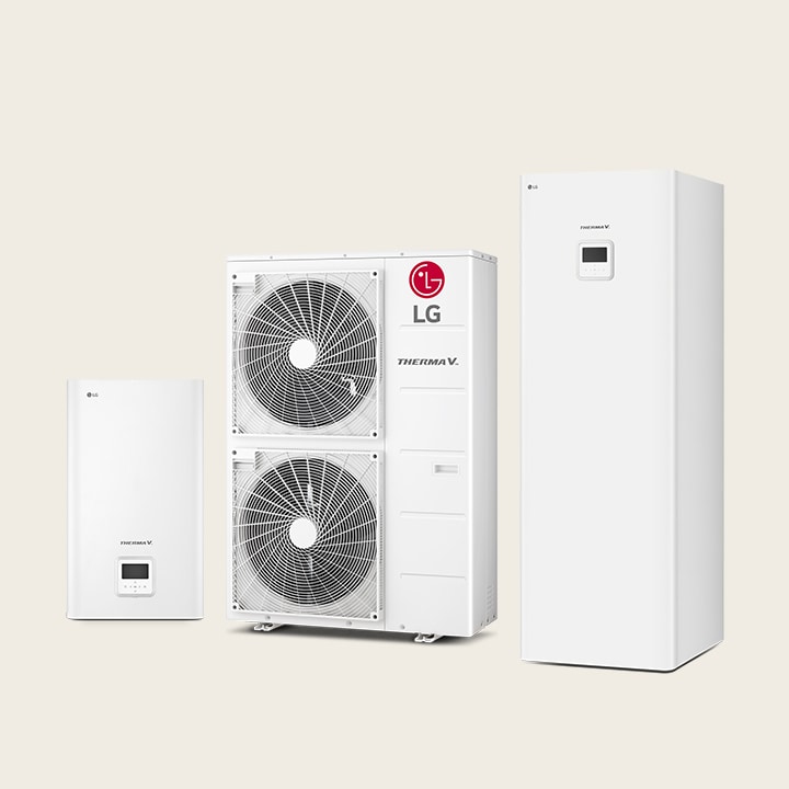 LG THERMA V Hydrosplit units line up. The Hydro box and Integrated water tank are on the left and right, and the outdoor unit is at the center.	