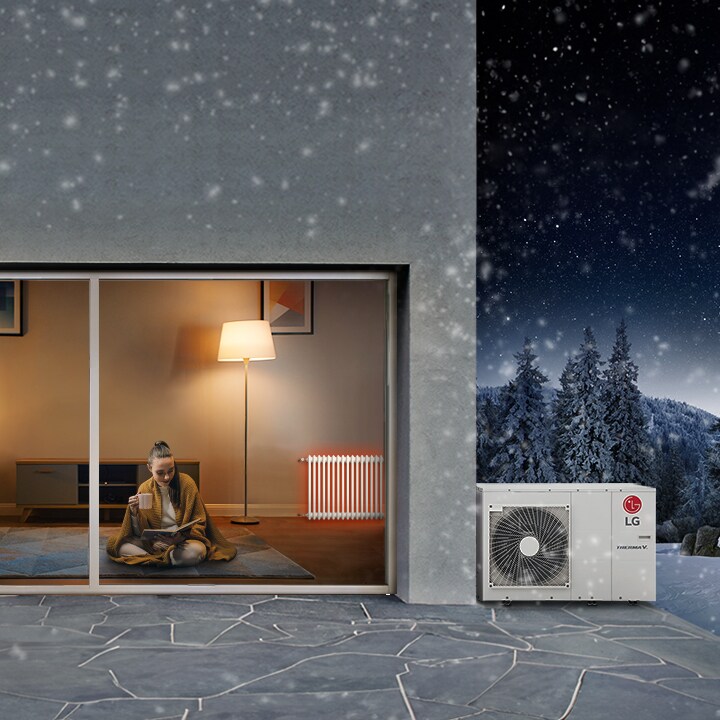 A woman is holding a cup and book while covered with the while the LG Therma V outdoor unit and a glowing red radiator adorn the right side.