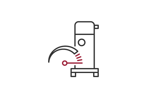 Line drawing of a pump with a gauge indicating high pressure.	