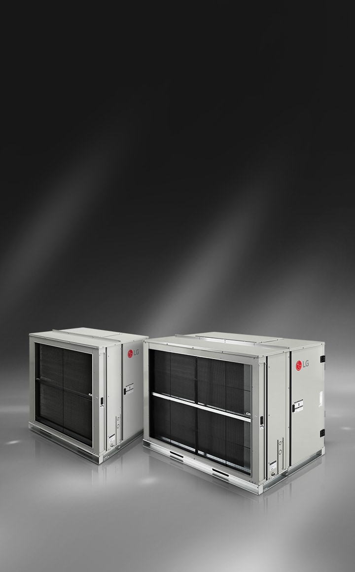 Front view of two LG Standard Air Handling Unit. Both units are on a gray background.	