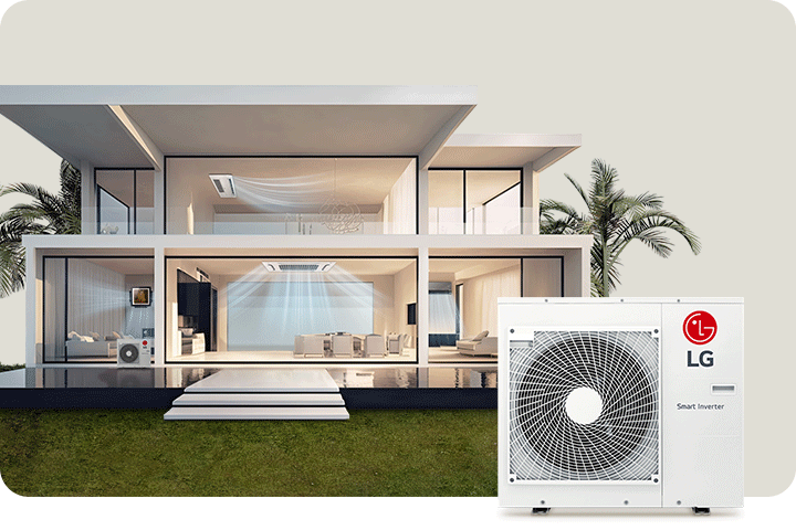 The two-story house has a perspective drawing. Wall Mounted Cassette, One Way Ceiling Cassette, and Ceiling Mounted Cassette emit fresh air. There are palm trees behind the house.