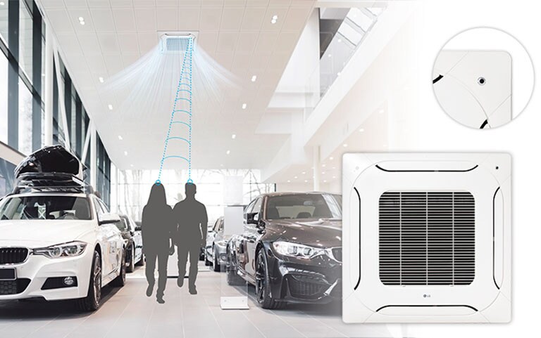 An Image of people at a car showroom with air conditioning on. 