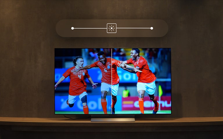 Adjusting TV settings on a television screen for TV calibration (brightness, colour and contrast, sharpness, tint and hue)