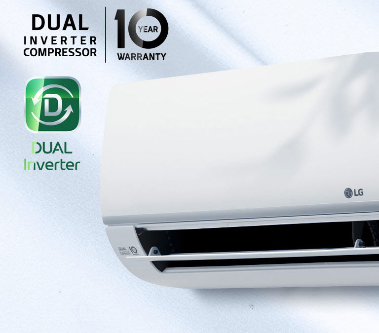 A close up of the front of the air conditioner that features the LG logo in the center and the 10 year warranty logo on the left side. A larger Dual Inverter Compressor | 10 Year Warranty logo, and Dual Converter logo are to the left of the image shine as a light glows across them.