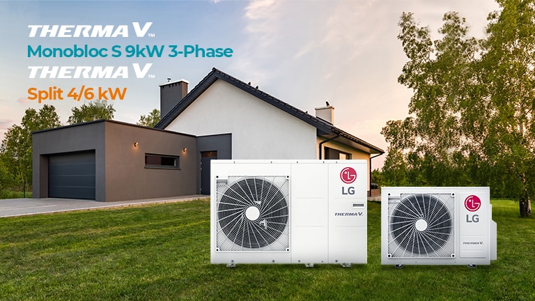 Therma V R32 Split 4/6kW and Monobloc S 9kW 3-Phase heat pumps are standing infront of house