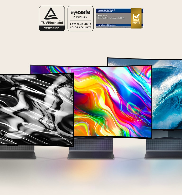 Three LG OLED Flex televisions shown standing side by side displaying a black abstract image, colorful abstract image and a blue wave image on their screens.