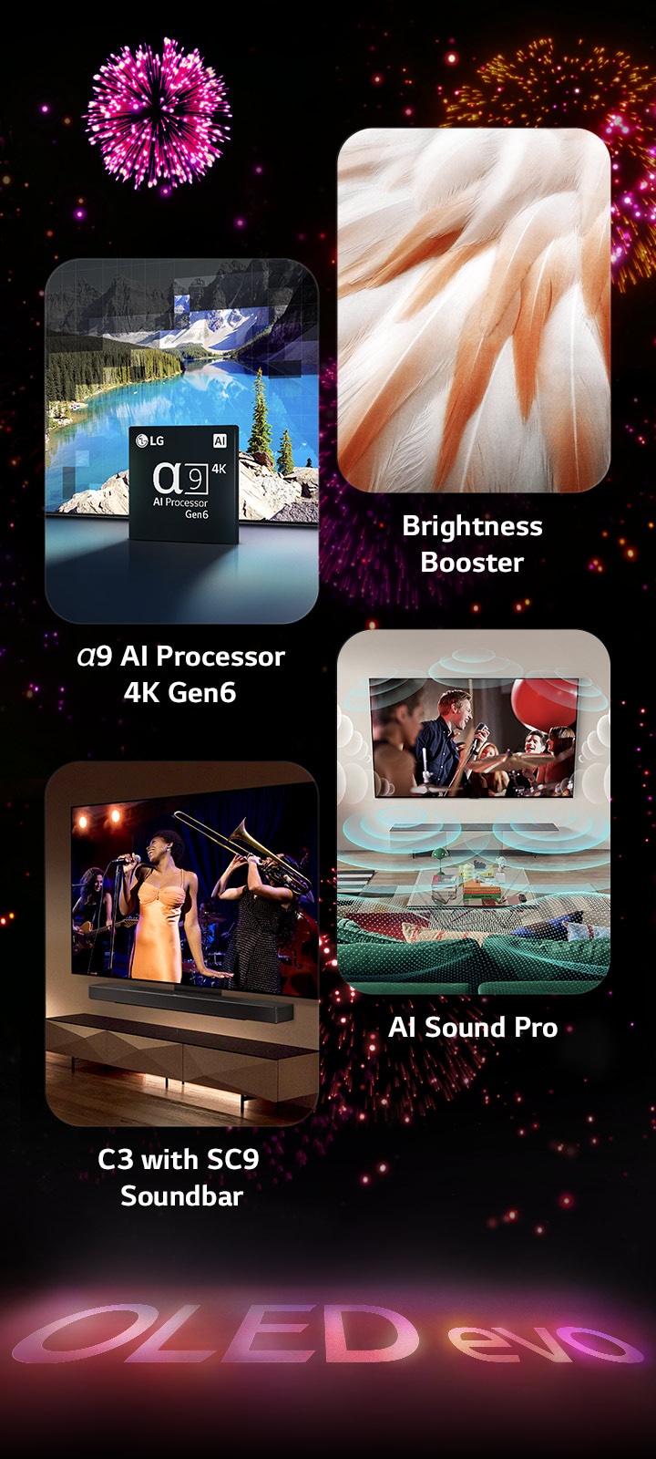 An image presenting the key features of the LG OLED evo C3 against a black background with a pink and purple firework display. The pink reflection from the firework display on the ground shows the words "OLED evo." Within the picture, an image depicting the α9 AI Processor 4K Gen6 shows the chip standing before a picture of a lake scene being remastered with the processing technology. An image presenting Brightness Booster Max shows a bird's bright feathers. An image presenting the SC9 Soundbar shows the LG OLED evo C3 and SC9 Soundbar neatly on the wall with a music concert playing on the TV. An image presenting AI Sound Pro shows a rock show playing on the TV with music bubbles depicting soundwaves filling the living space.