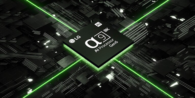 A video of the α9 AI Processor 8K Gen6 against a circuit board. The board illuminates, and green lights emit from the chip representing its power.